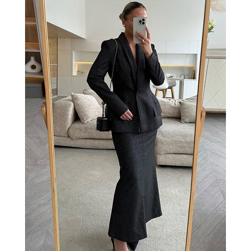 2 Pieces Tuxedo Dress Sets A-Line Formal Wedding Guest Elegant Simple Long Sleeve Ankle Length Shawl Lapel3