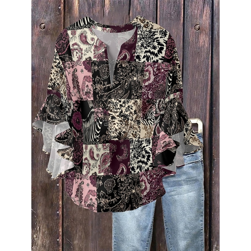 Women's Blouse Paisley Retro Vintage Ethnic 3/4 Length Sleeve V Neck Regular Tops Daily Holiday Ruffle Print Black Wine Purple Summer