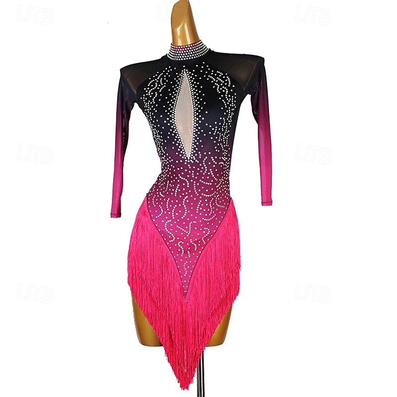Latin Salsa Dance Dress Tassel Rhinestones Women's Performance Party Long Sleeve Rumba Chacha Dancewear Costumes4