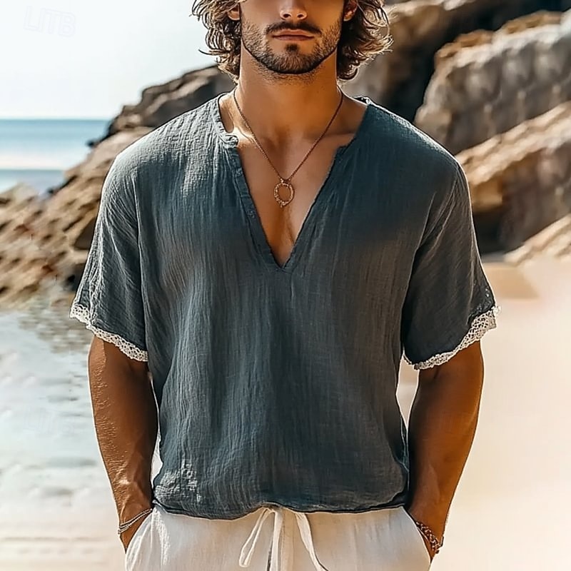 Men's T Shirt Tee Short Sleeve Shirt Tee Top Short Sleeve V Neck Summer Solid Color Bohemia Vintage Casual Patchwork Vacation Street Casual Daily Navy Blue Top Tee for Men