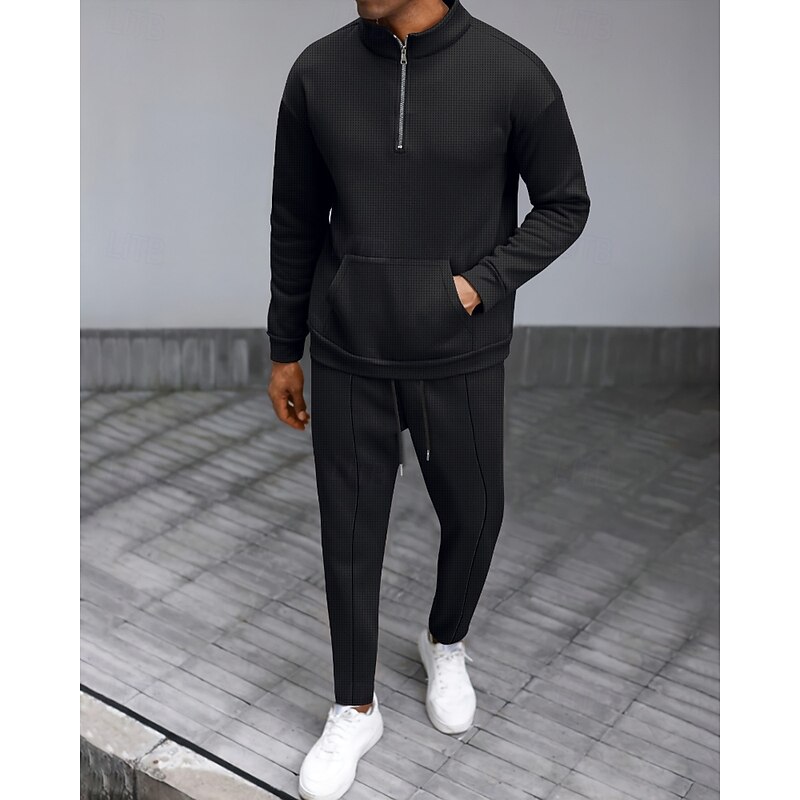 Men's Tracksuit Sweatpants Track Top Zipper Pocket Solid Colored Clothing Suit Fall Black White Gym Athleisure Running Windproof Long Sleeve Sport Activewear Stretchy Regular Fit2