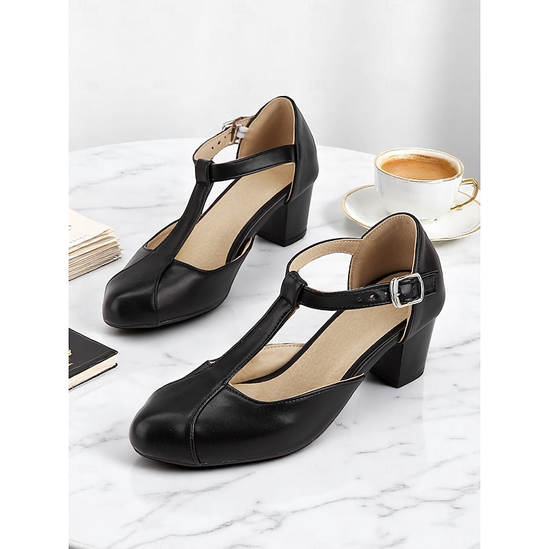 Women's Black T-Strap Block Heel Pumps with Buckle – Vintage-Inspired Faux Leather Work Shoes for Office Looks and Beer Festival Attire3