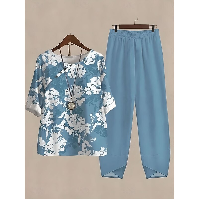 Women's Basic Shirt Pants Sets Half Sleeve Round Neck Floral Graphic Plant Print Outdoor Casual Daily Pink Blue Purple Summer Regular Fit3