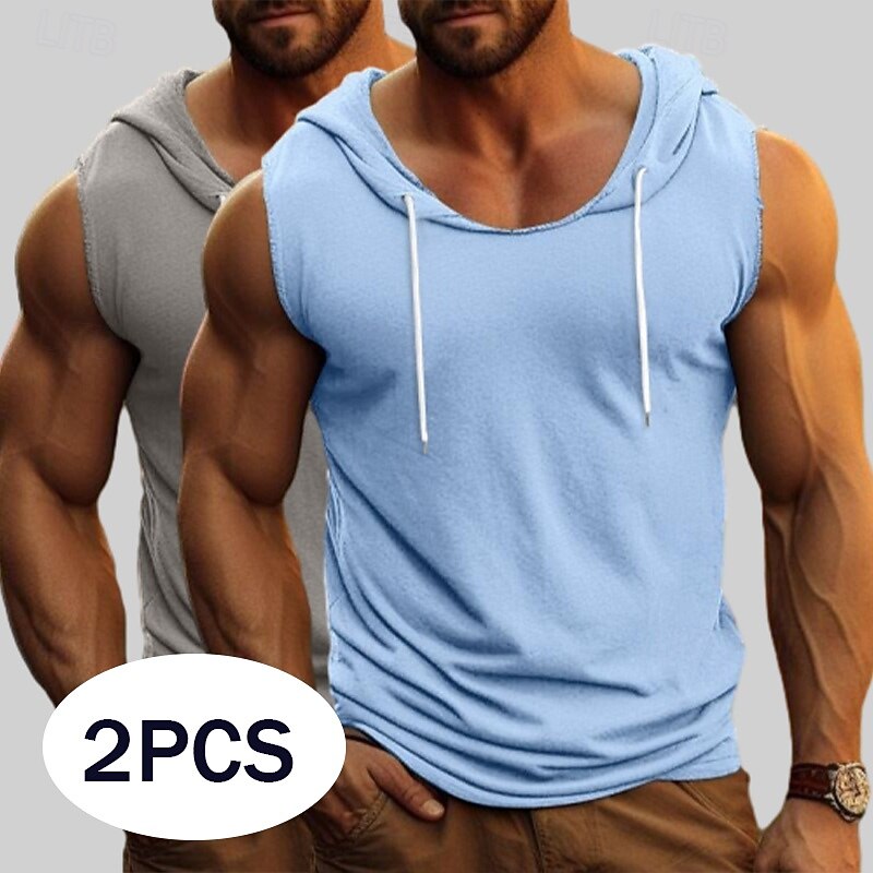 Men's Tank Top Vest Top Sleeveless Hoodie Sleeveless Shirt Sleeveless Hooded Summer Plain Fashion Designer Sporty 2 Piece Hooded Outdoor Casual Going out White+White Gray+White White+Blue Top Tee for