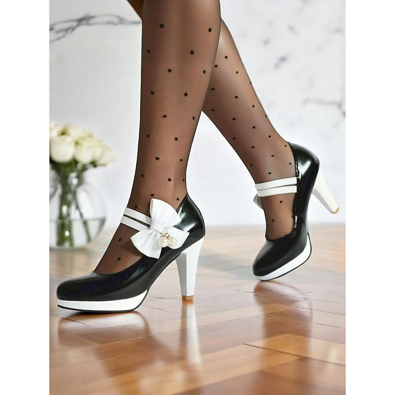 Women's 1950s Vintage  Blue Patent Leather Heels with White Bow and Pearl Detail – Retro Platform Pumps for Parties, Weddings, and Daily Elegance