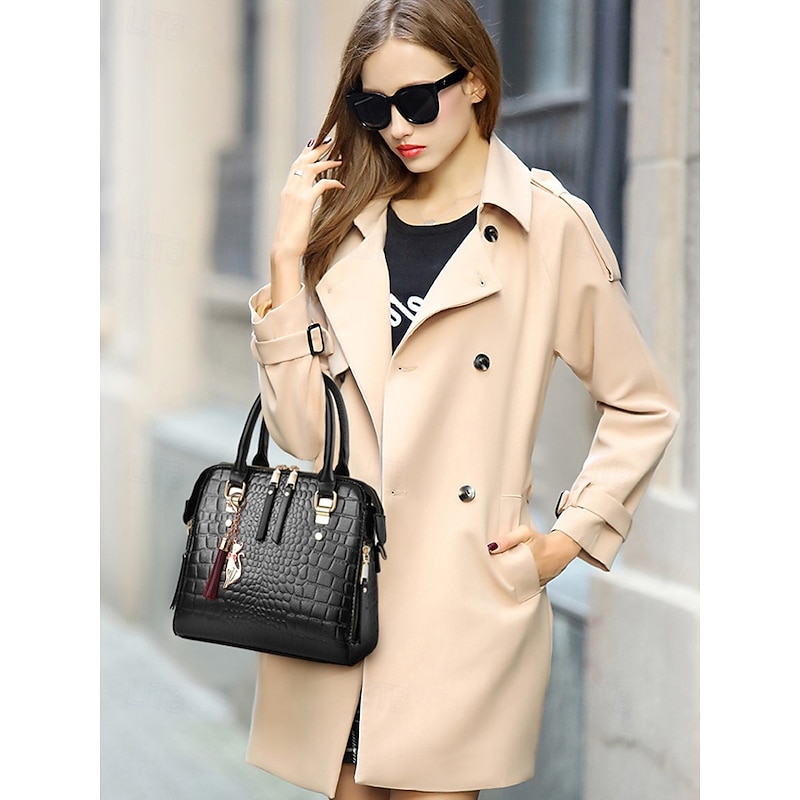 Women's Faux Leather Crocodile Pattern Handbag with Tassel Charm – Elegant Top Handle and Crossbody Purse for Work, Shopping and Daily Outings3