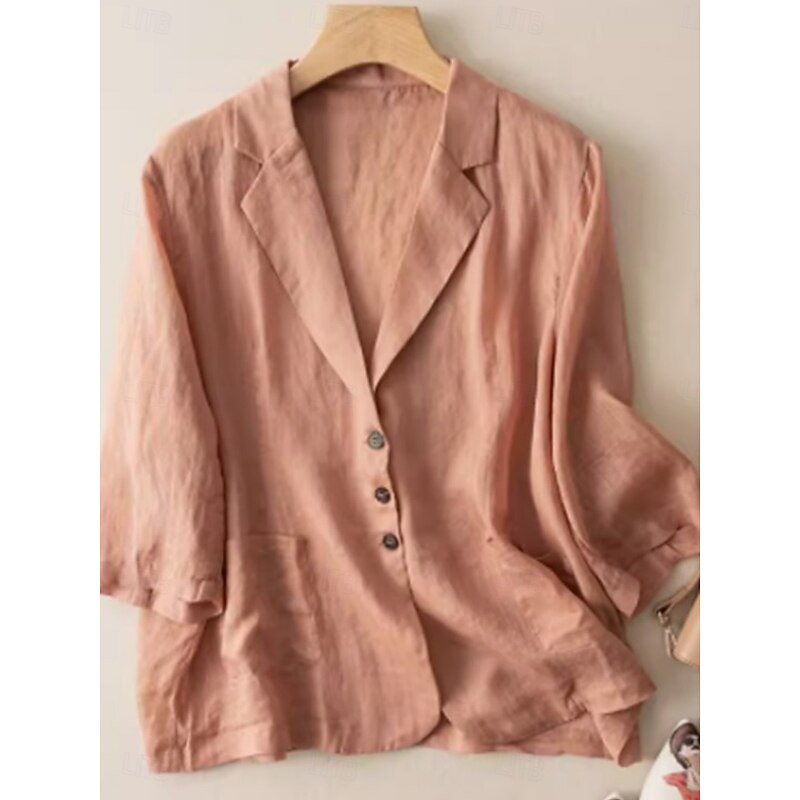 Women's Blazer Comfortable Breathable Pocket Casual Plain Office Street Casual Daily Wear Single Breasted Regular Turndown Loose Fit 3/4 Length Sleeve Outerwear Black White Orange Summer4