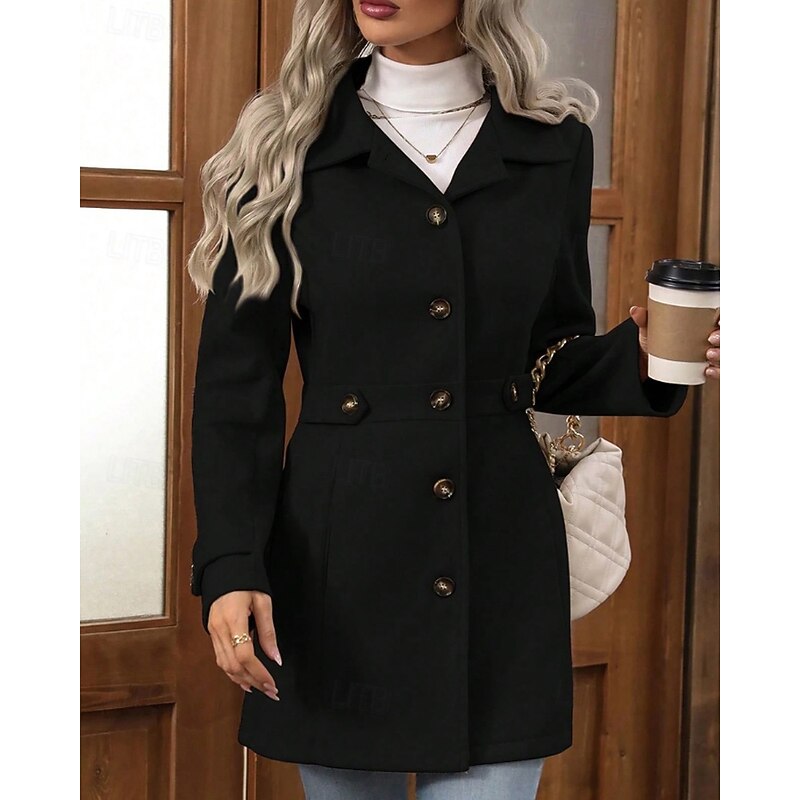 Women's Winter Coat Coat Warm Comfortable Buttons Fashion Plain Vacation Casual Daily Single Breasted Regular Turndown Regular Fit Long Sleeve Outerwear Black Fall Winter