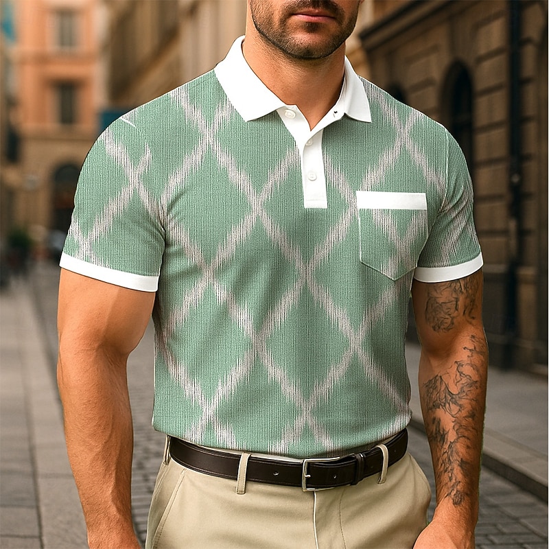 Men's Argyle Polo Short Sleeve Polo Collar Business Casual Daily Buttons Pocket Summer Robin's Egg Blue Grey Green