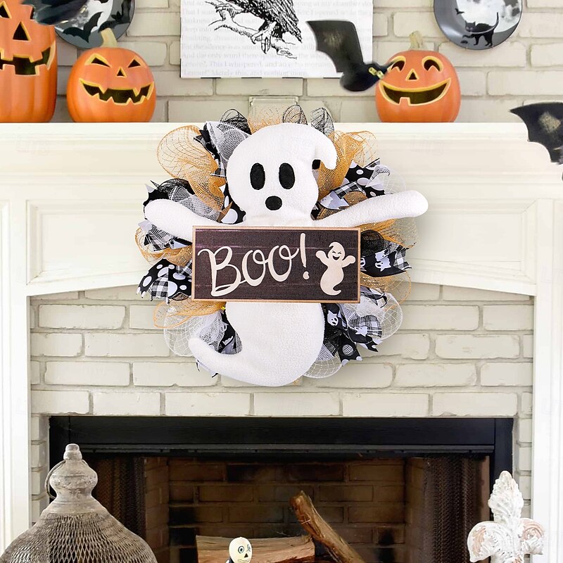 Halloween Wreaths for Front Door Indoor Outdoor Decoration, Ghost BOO Wooden Sign Mesh Wreath with Spooky Doll for Window and Wall Decor