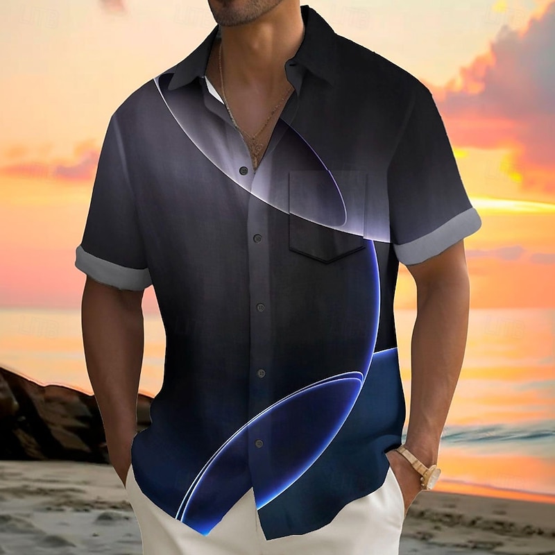 Men's Geometric Gradient Line Shirt Summer Shirt Button Up Shirt Short Sleeve Fashion Casual Outdoor Vacation Dailywear Summer Spring Turndown 3D Print Collared Shirts Front One Pocket Red Blue