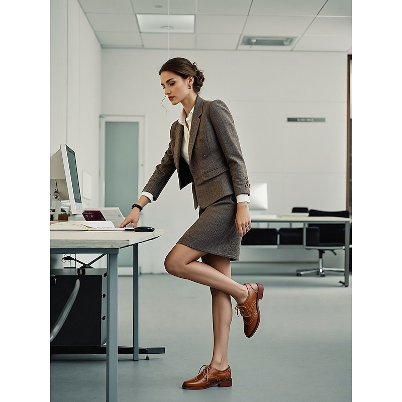 Women's Brown Faux Leather Brogue Oxford Shoes – Classic Wingtip Lace-Up Flats for Work, Daily Office Wear and Fall Outings2