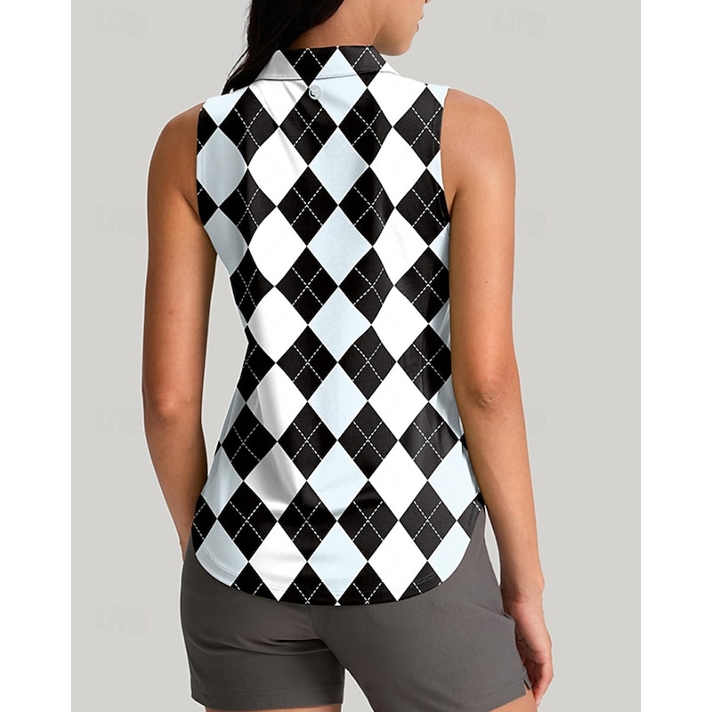Women's Plaid / Check Sport Shirt Golf Polo Shirt Tennis Shirt Sleeveless Zipper High Elasticity Moisture Wicking Breathable Tennis Golf Pickleball Turndown Zip Collar Shirt Top Black Tennis Clothing3