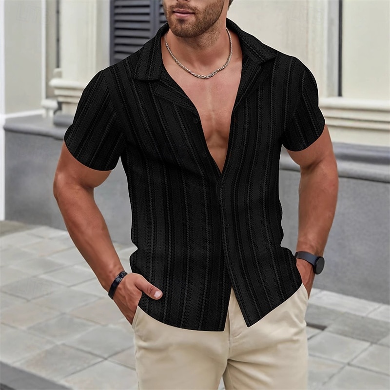 Men's Shirt Summer Shirt Casual Shirt Beach Shirt Button Up Shirt Black White Brown Apricot Short Sleeve Stripes Lapel Vacation Hawaiian Clothing Apparel Fashion Casual Comfortable3