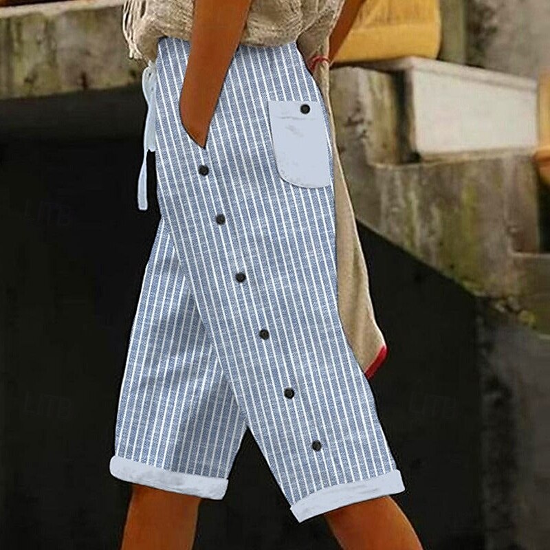 Women's Harem Pants Vacation Vintage Ethnic Style Knee Length Mid Waist Striped Stripe Inelastic Outdoor Home Work Blue Summer Spring Fall Loose Fit3