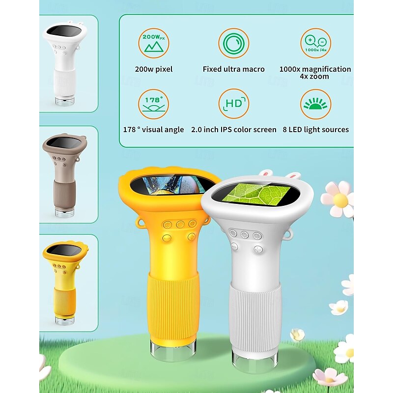 Microscope for Kids, Educational Science Kit Toys Portable Handheld Magnifying Glass, Macro Fixed Focus Digital Kid Microscopes Up to 1000x Magnification,4X Zoom, Interactive Learning2