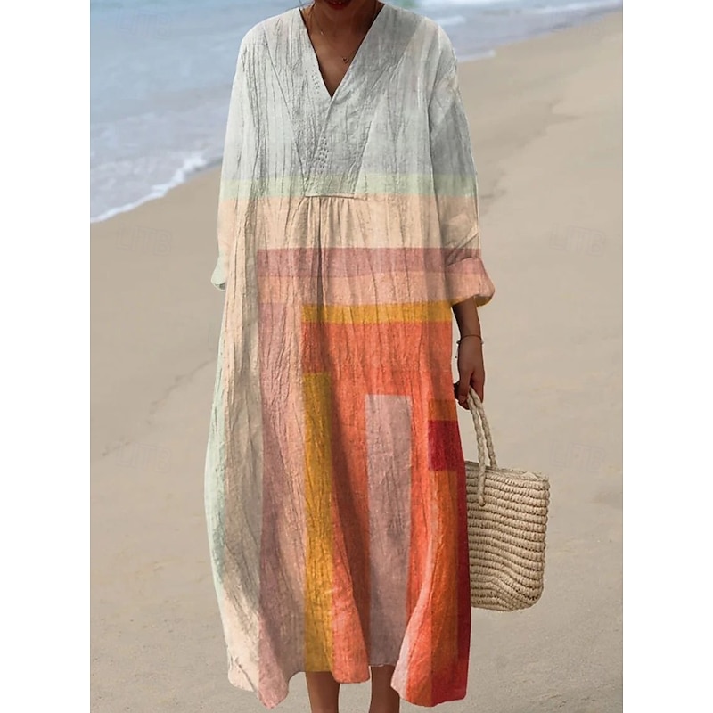Women's Midi Dress V Neck Long Sleeve Kaftan Lightweight Loose Fit A Line Dress Casual Boho Going out Loose Fit Graphic Geometric Stripe Long Sleeve V Neck Black Orange Green Light Grey4