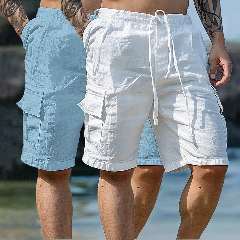 Men's Shorts Linen Shorts Summer Shorts Beach Shorts Drawstring Elastic Waist Multi Pocket Plain Knee Length Outdoor Holiday Beach Vacation Hawaiian White+Sky Blue White+khaki Inelastic4