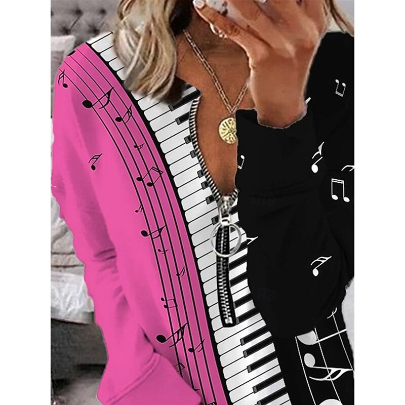 Women's Quarter Zipper Sweater Striped Casual Long Sleeve Crew Neck Regular Tops Street Dailywear Print Pink Fall Winter2