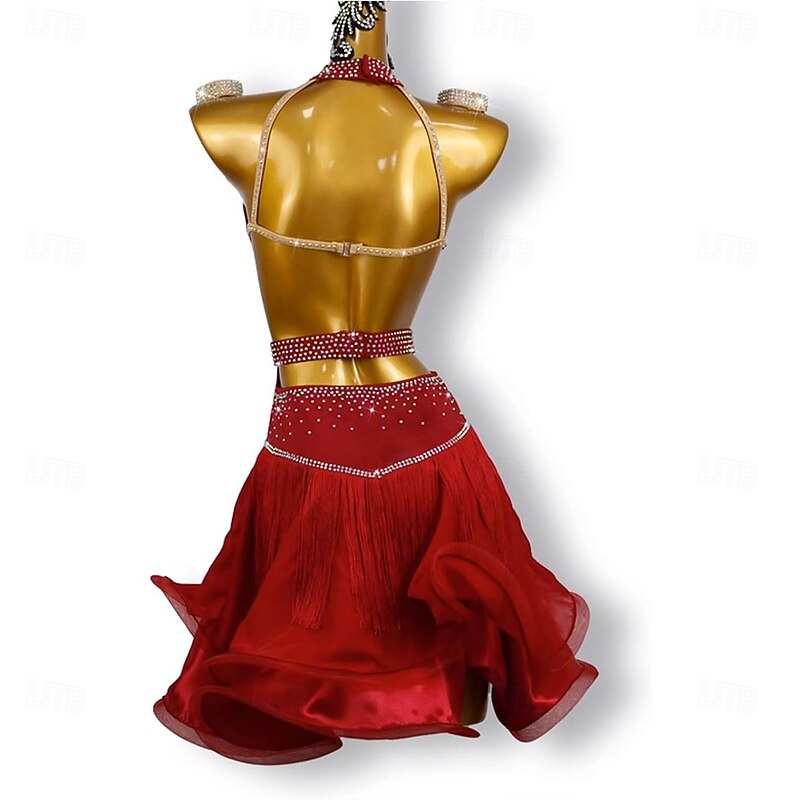 Red Off-The-Shoulder Diamond-Studded Latin Dance Dress Women's Competition Performance Mesh Skirt3