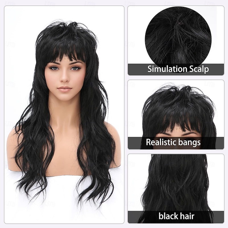 80s 90s Retro Mullet Wigs Pixie Cut Wigs with Bangs for Women Wolf Cut Wig Long Synthetic Wavy Costumes Cosplay Hair Wig for Women at Party Halloween Wigs3