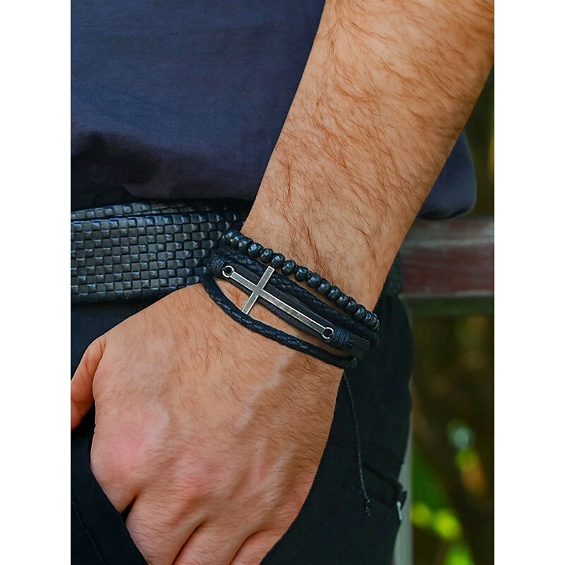 Men's Gothic Cross Leather Beaded Bracelet – Vintage Multilayer Wristband for Halloween Parties and Retro Punk Style