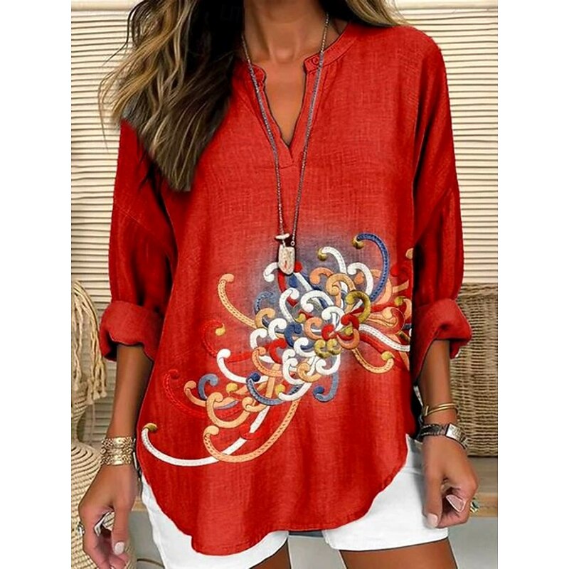 Women's Blouse Tunic V Neck Long Sleeve Boho Casual Tops Floral Graphic 3D Bohemia Vintage Tropical Regular Tops Daily Wear Print White Yellow Red Violet3
