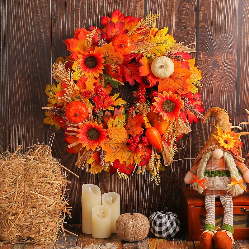 Fall Wreath for Front Door Thanksgiving Autumn Harvest Indoor Outdoor Decoration, Pumpkin Maple Leaf and Sunflower Artificial Grapevine Wreath Door and Window Hanging