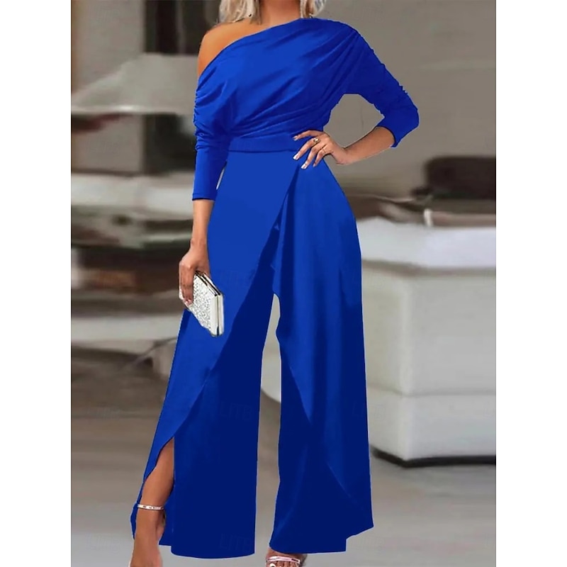 Women's Normal Jumpsuit Elegant Solid Color Long Sleeve Wide Leg Cold Shoulder High Waist Vacation Party Regular Fit Black White Blue Summer