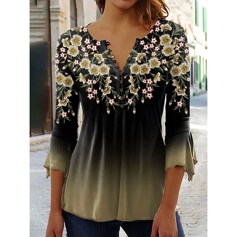 Women's Blouse V Neck Ombre Floral Graphic Elegant 3/4 Length Sleeve Regular Tops Daily Going out Buttons Pink Blue Green Spring Fall2