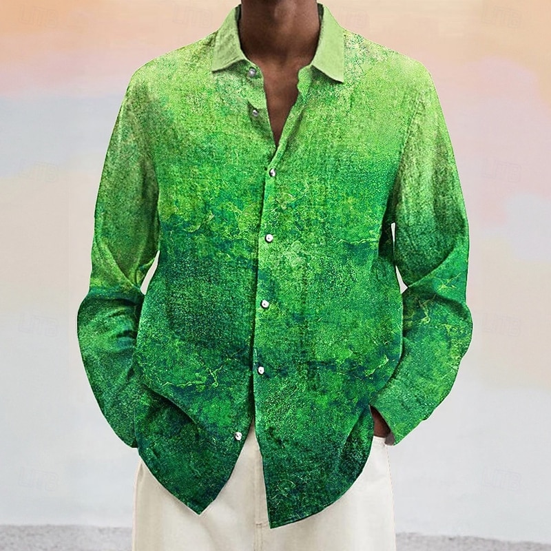 Men's Geometric Gradient Abstract Art Shirt Button Up Shirt Long Sleeve Fashion Casual Vacation Daily Spring Fall Turndown 3D Print Linen Like Shirt Blue Green2