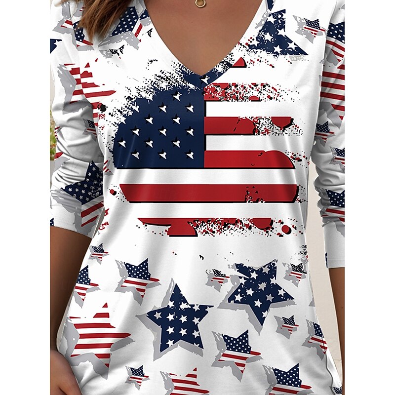 Women's Patriotic T Shirt V Neck Long Sleeve Tunic Flag Geometric Elegant Vintage Fashion Regular Tops Daily Weekend Vacation Wear Print White Red Blue  Spring Prefall3