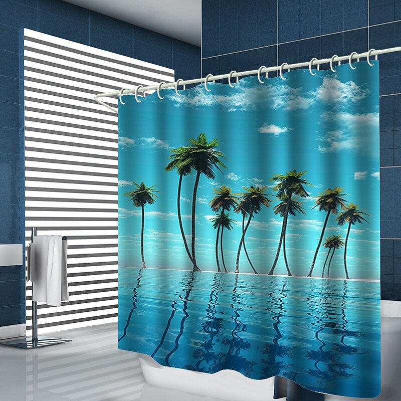 Sea Water Plant Landscape Printing With Hook Shower Curtain Modern Polyester Machining Waterproof Bathroom2