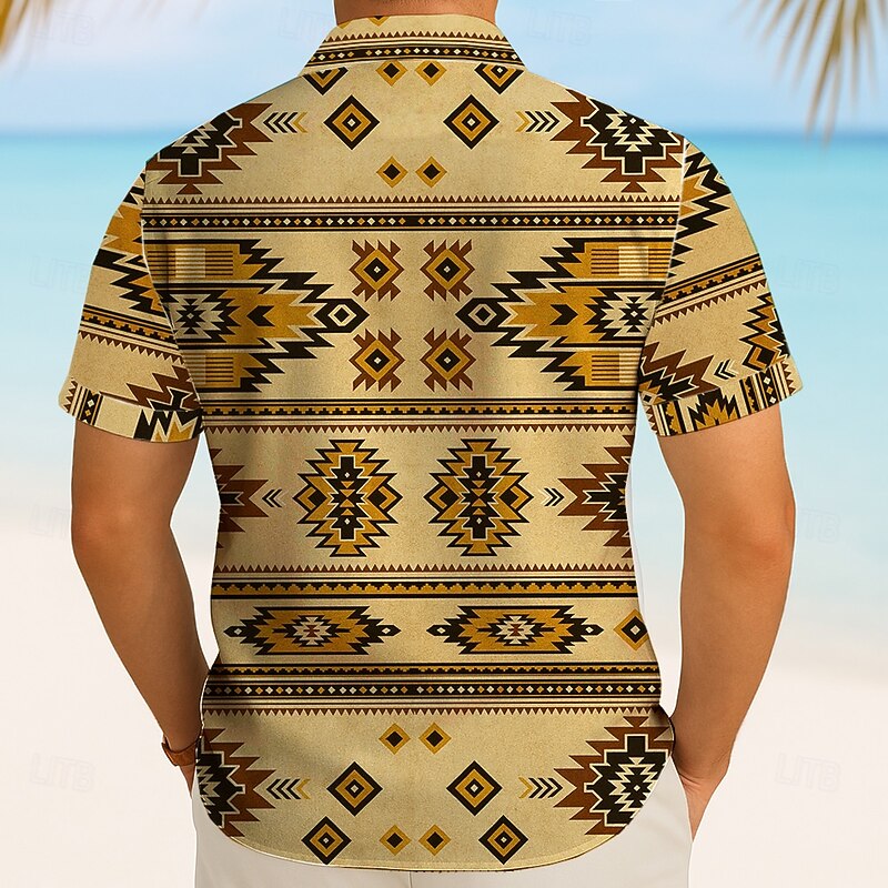 Men's Aztec Ethnic Indian Culture Shirt Summer Shirt Button Up Shirt Short Sleeve Vintage Retro Outdoor Vacation Dailywear Summer Spring Turndown 3D Print Collared Shirts Blue Green Khaki4