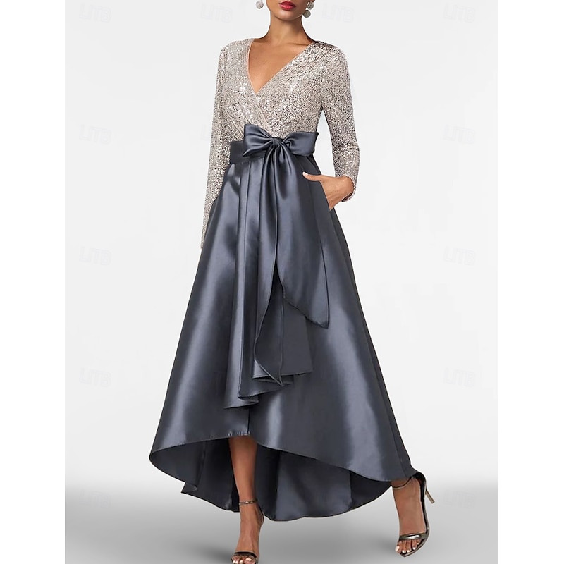 A-Line Cocktail Dresses Elegant Dress Formal Wedding Asymmetrical Long Sleeve V Neck Pocket Satin with Bow(s)