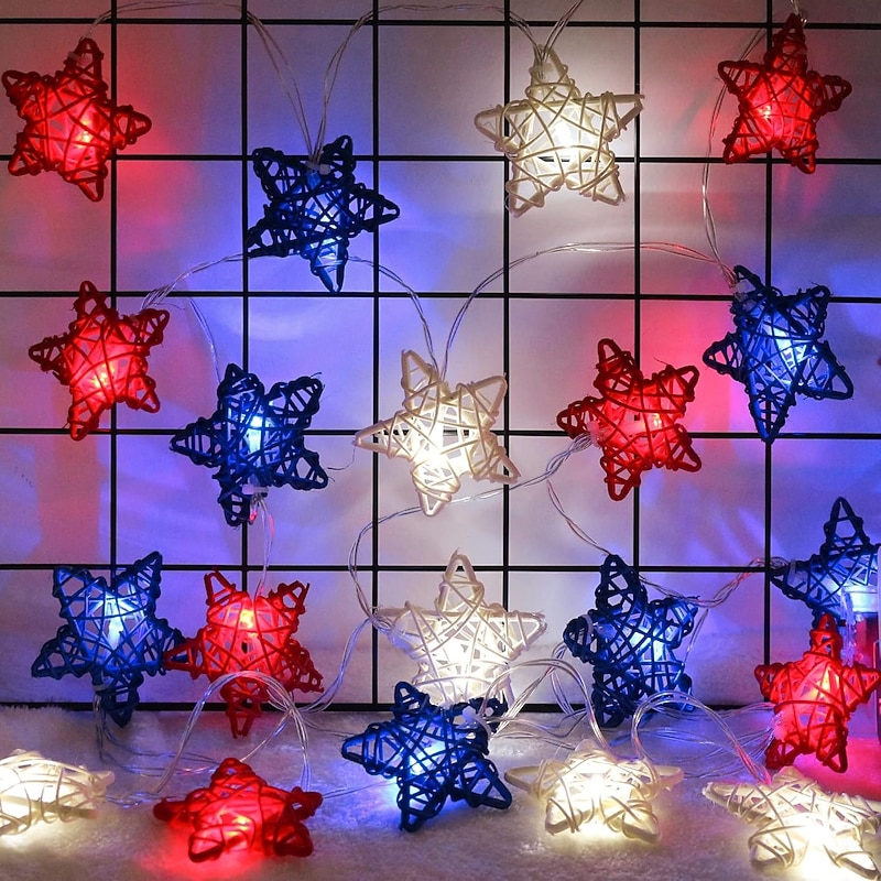 1 Pc 3M-20 LED Star String Lights Red, White, Blue Vine Weaving Pentagram Light String July 4th Independence Day Party Patriotic Atmosphere Decorative Light AAA Battery Box2