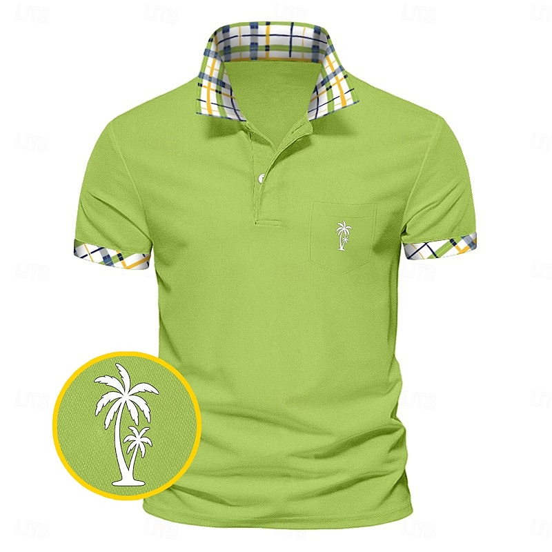 Men's Golf Shirt Pique Polo Shirt Business Casual Ribbed Polo Collar Short Sleeve Fashion Basic Solid Color Plaid Buttons Logo Summer Spring Spring &  Fall Regular Fit Yellow Navy Blue Green Golf