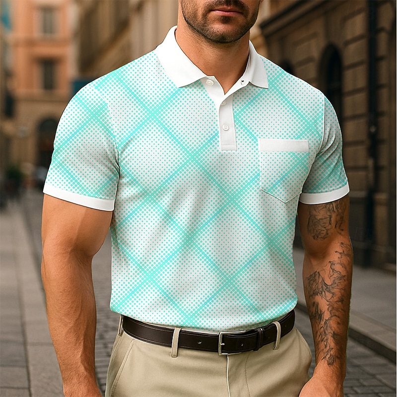 Men's Plaid Polo Short Sleeve Turndown Business Casual Daily Sports & Outdoor Athleisure Casual Daily Pocket Buttons Summer White Navy Blue Green2