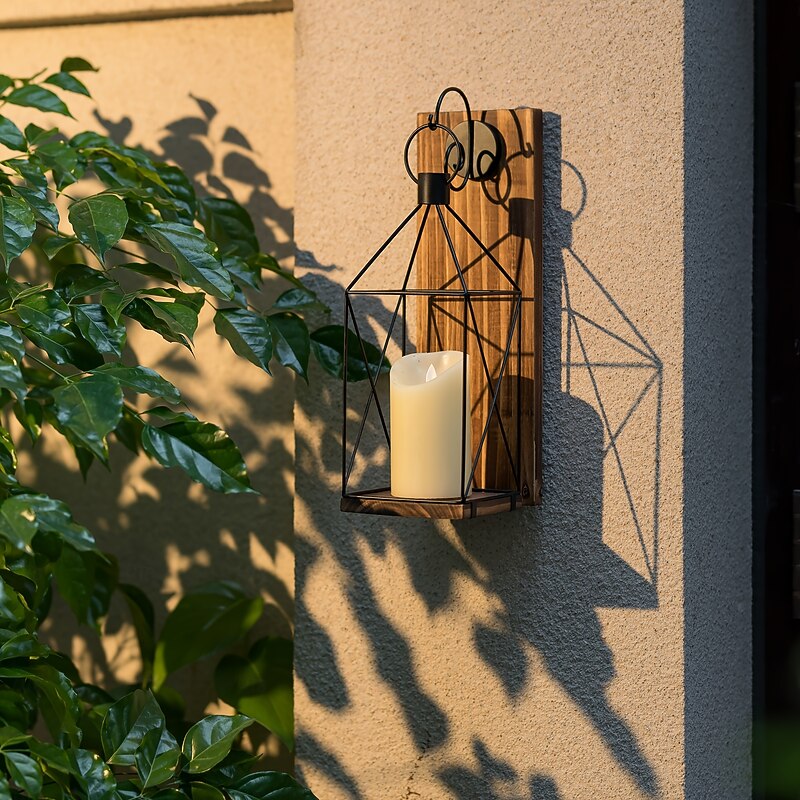 1pc Rustic Wooden Candle Wall Sconce 13.4 inch Metal Lantern Farmhouse Home Decor Brown Lacquered Finish Wall Mount Family Theme Versatile for Indoor & Outdoor Ideal for Christmas Halloween