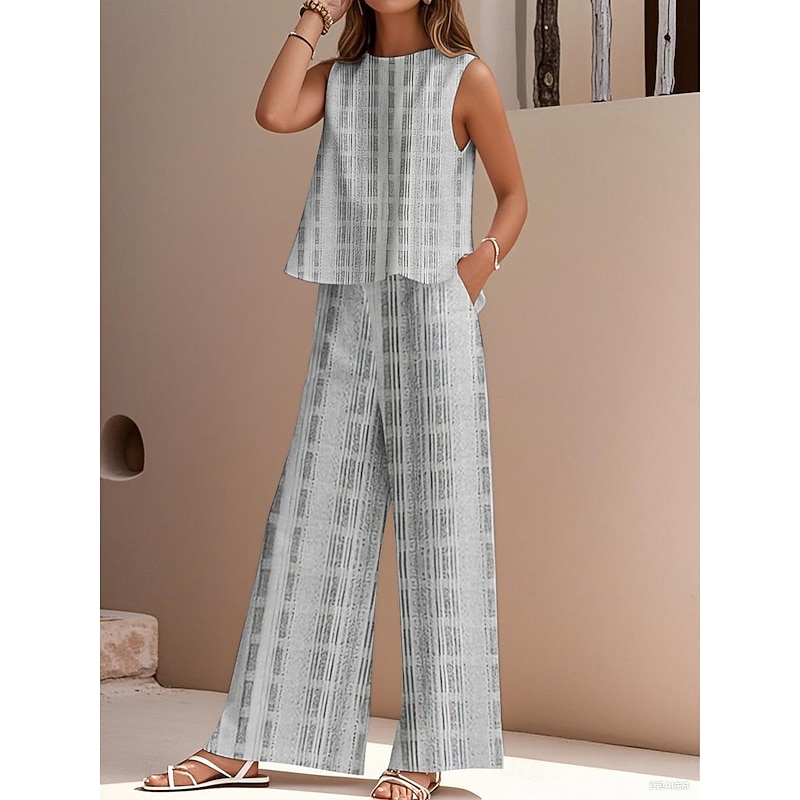 Women's Elegant Fashion Streetwear Two Piece Sets Blouse Vest Pants Trousers Sleeveless Crew Neck Outdoor Work Casual Striped Print Vacation Daily Holiday Blue Gray Light Blue Summer Regular Fit