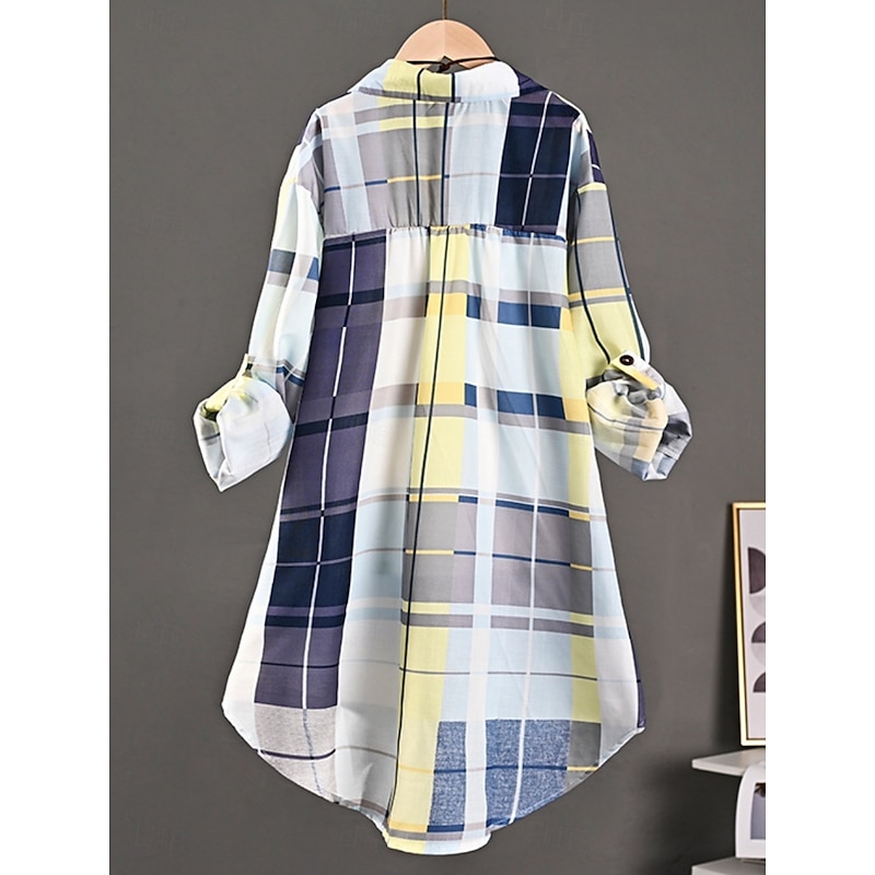 Women's Shirt Button Down Blouse Plaid Tropical Stylish Casual Long Sleeve Shirt Button Down Blouse Collar Long Tops Daily Pocket Buttons Print Yellow Green Khaki Spring Fall4