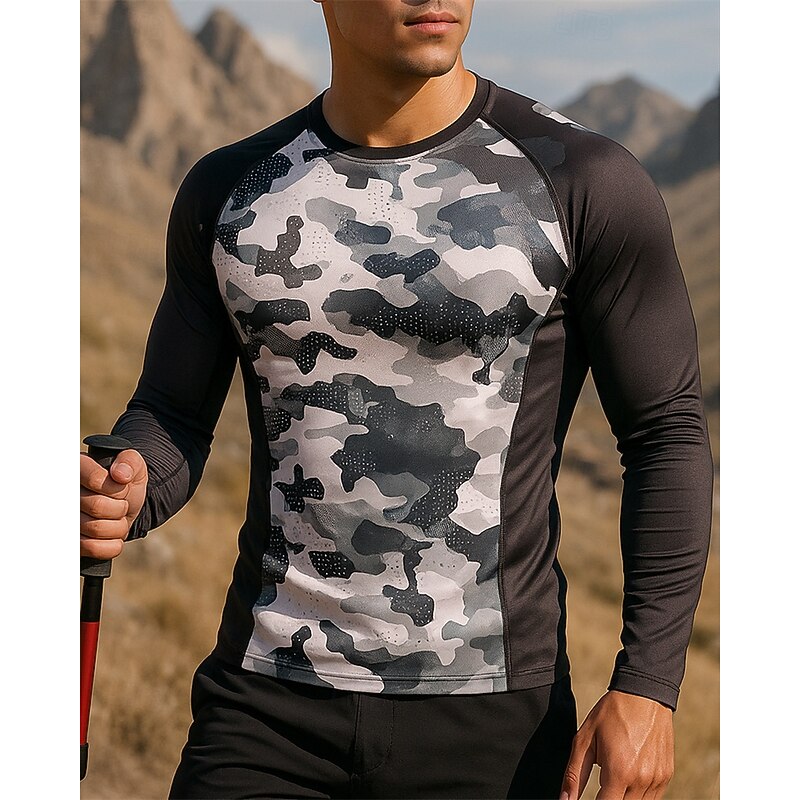 Men's Running Top Hiking Tee shirt Hiking Sweatshirt Long Sleeve Crew Neck Tee Tshirt Top Outdoor Quick Dry Lightweight Elastic Breathable Pullover Polyester Camo Black Red Royal Blue Tennis Golf4