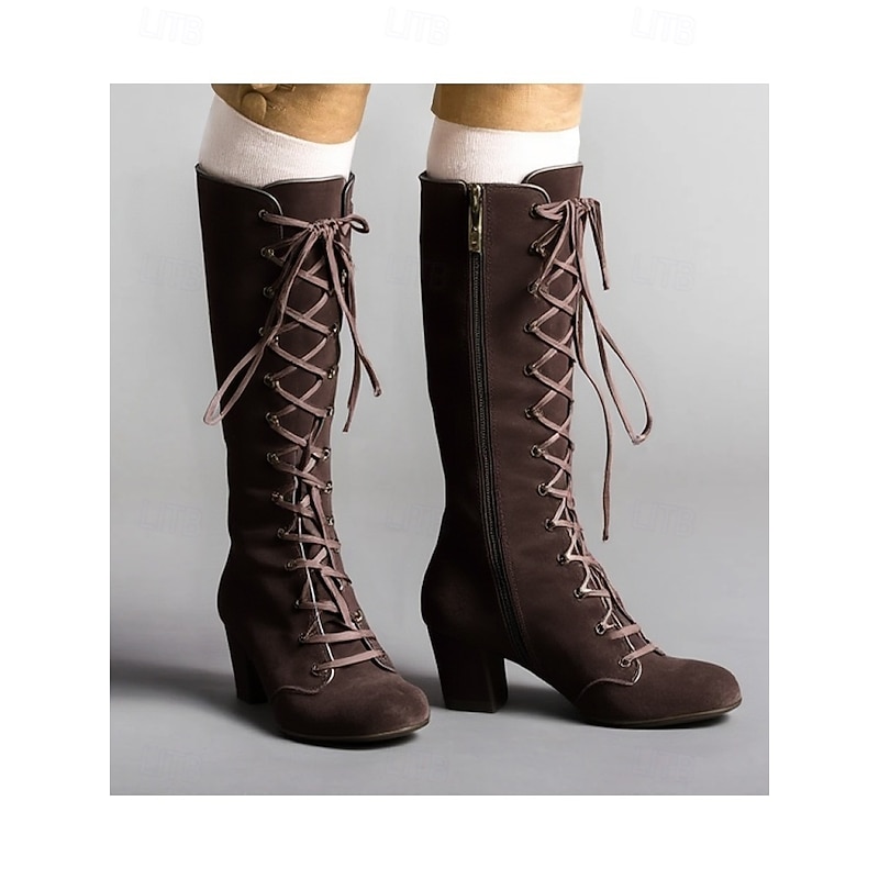 Women's Black Lace-Up Knee-High Boots – Vintage Chunky Heel Faux Suede Boots for Autumn Winter Fashion