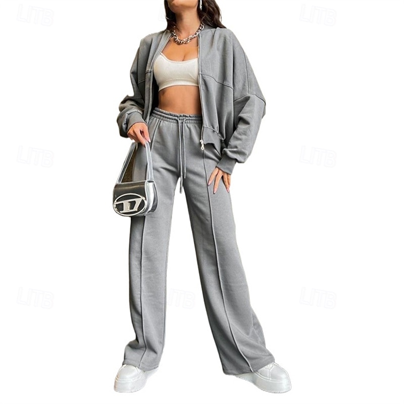 Women's Tracksuit Zip Up Sweatshirt Wide Leg Pants Pocket Solid Colored Clothing Suit Fall Black Burgundy Gym Workout Sports Windproof Long Sleeve Sport Activewear Micro-elastic Regular Fit4