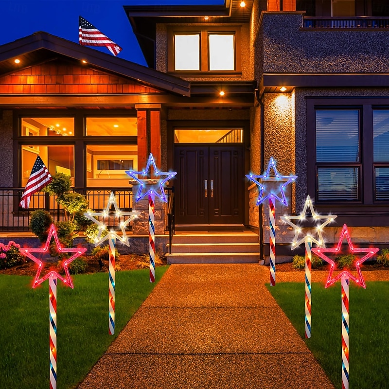 1 Pc 6 Led Outdoor Solar Pathway Lights Waterproof Red, White, Blue Five Pointed Star Ground Plug Light, July 4th, Usa Independence Day, Courtyard Garden Path Party Patriotic Atmosphere