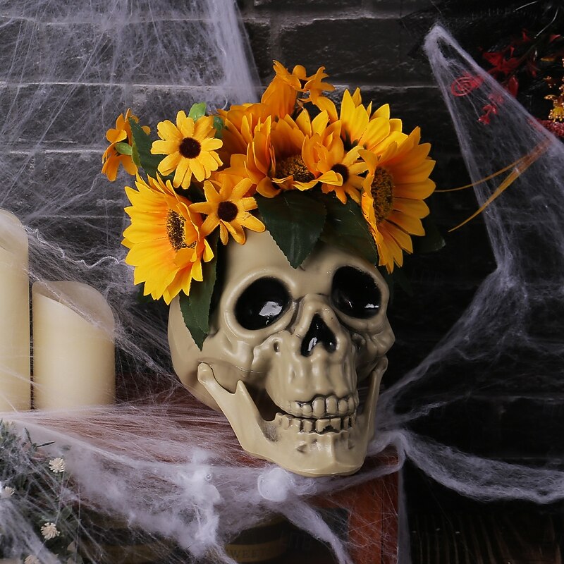 Halloween Skull Head with Flower Decoration, Resin Sunflower Ghost Skull Prop, Haunted House Horror Scene Tabletop Decor2