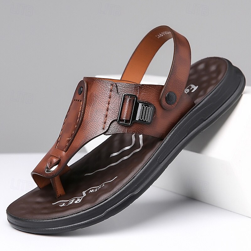 Men's Brown Faux Leather Sandals Retro Buckle Strap Design with Arch Support Perfect for Daily Walking Outdoor Wear and Vacation Travel