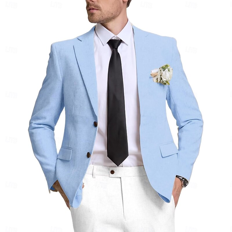 Men's Linen Blazer Sport Coat Notch Collar Lightweight Classic Solid Colored Blazer Black Navy Blue Sky Blue Standard Fit Single Breasted Two-buttons4