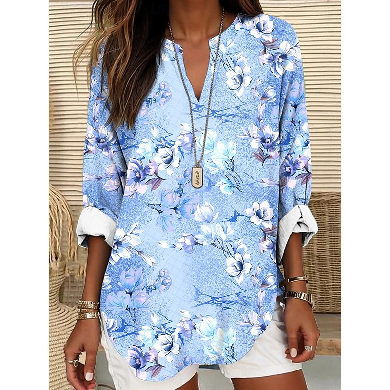 Women's Blouse Tunic V Neck Long Sleeve Boho Casual Summer Tops Floral Graphic Vintage Tropical Regular Tops Daily Wear Print Pink Blue Sky Blue Khaki Beige2