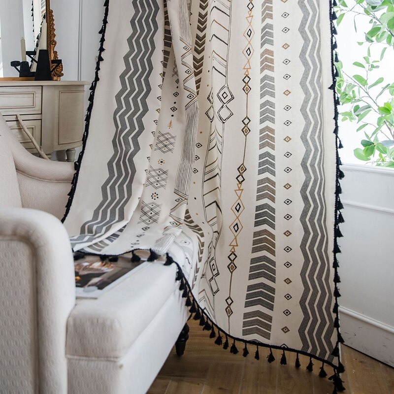 Boho Cotton Linen Curtains with Tassels Geometric Semi Blackout Print Farmhouse Bohemian Window Curtains for Living Room Rod Pocket Drapes 1 Panel